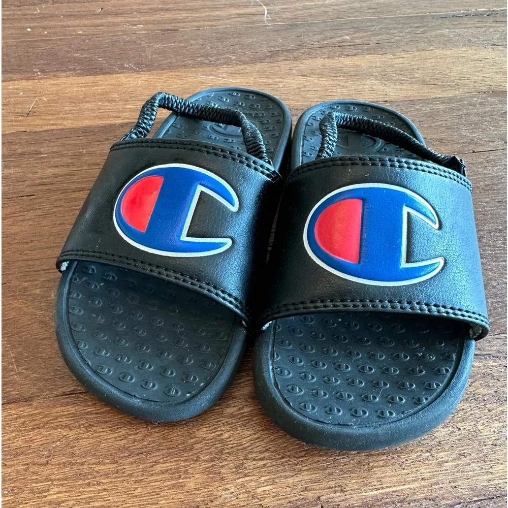 Champion Toddler Boys IPO Slides Sandals Size 10T Black Logo Pool Beach Shower